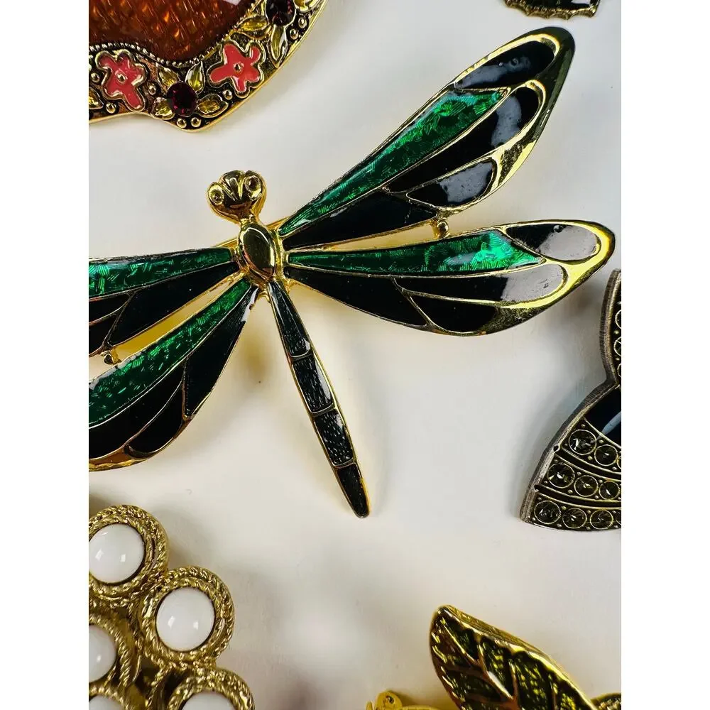 Vintage Enamel and Bead Brooch Pin Bundle Apple, Dragonfly, Sunburst